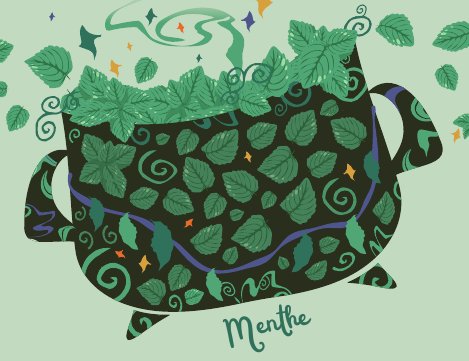 Étiquette Menthe : chaudron couvert de feuilles de menthe